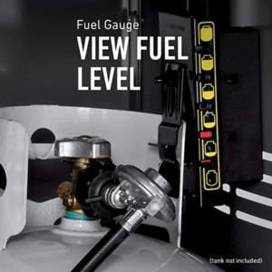 Product detail page example from Weber grill. The image carousel contains an image with text telling shoppers the grill features a fuel gauge for users to view the fuel level. 