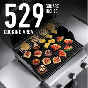 Product detail page example from Weber grill. The image carousel contains an image with text telling shoppers the grill features 529 inches of grilling space. 