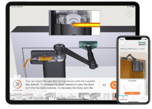 iPad and iPhone frames with screens from the BILT app showing interactive 3D job training instructions for access control professionals: Norton 5800 Series ADAEZ Operator — Pull Side