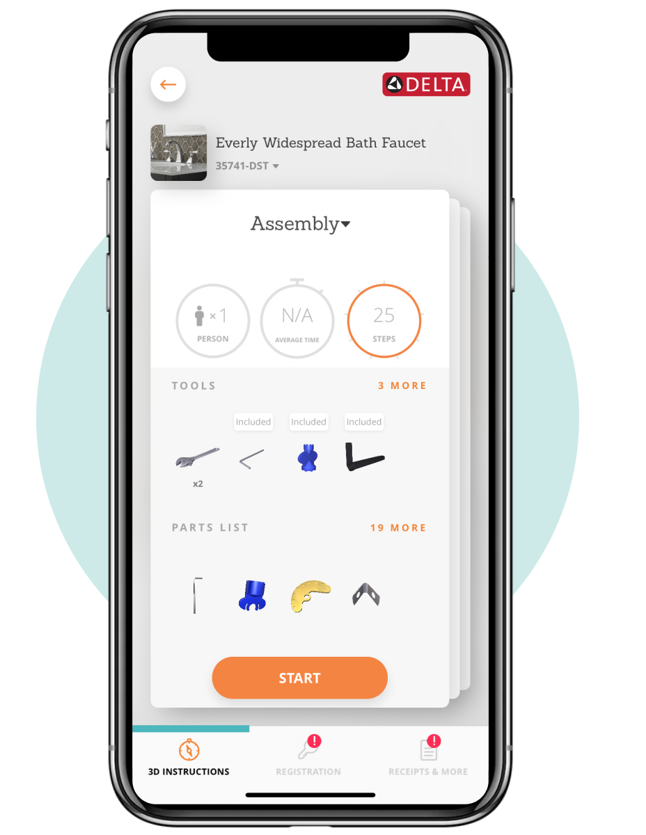 iPhone displaying the product overview screen in the BILT app. The BILT app shows how many people, how much time, and how many steps are required for assembly, installation, maintenance, troubleshooting, or repair for thousands of product instructions.
