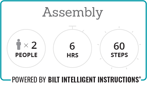 rectangle with the word "Assembly" and icons showing two people, six hours, and 60 steps required for product set-up