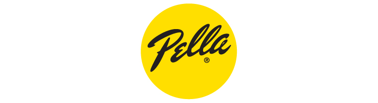 Bright yellow circle with Pella logotype in the center