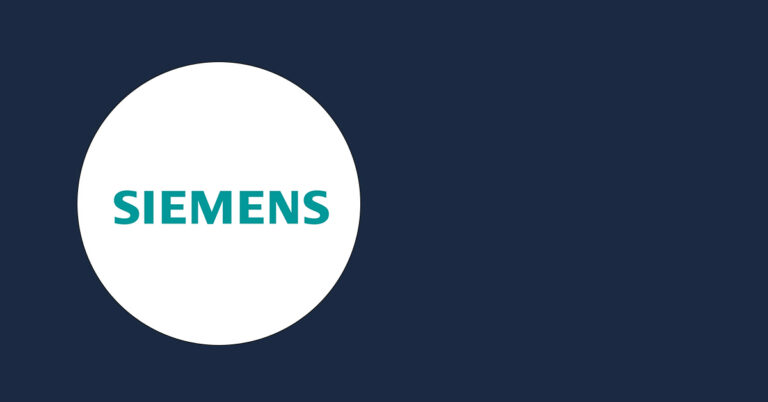 teal Siemens logo inside white circle on a navy background