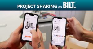 Two tradespeople hold mobile phones displaying the BILT app for immersive work instructions