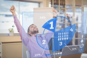 man celebrating productivity increase with futuristic interface that represents gains from 3D instructions from the bilt app